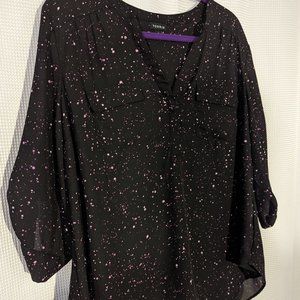 Torrid 2X black and purple Harper chiffon pullover 3/4 sleeve blouse